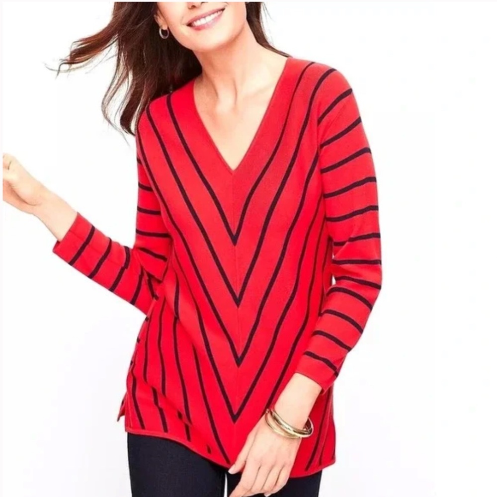 Talbots V-Neck Chevron Bias‎ Stripes Sweater Apple Red Black Size M